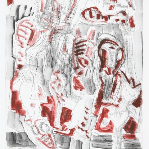END SPIEL IM ABSCHIEDSRAUM 2023, Monotypie I über radierten Spuren/Bütten, 139 x 99 cm